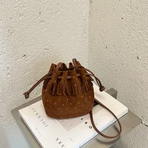 Retro Suede Bucket Bag For Women Large Capacity Polka Dot Tassel Shoulder Bag Drawstring Crossbody Bag Bohemian Handbag