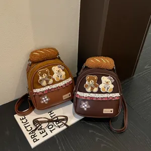 Women Cute Teddy Bear Small Backpack PU Leather Lace Plaid Patchwork School Bag Fashion Two-way Shoulder Crossbody Bag