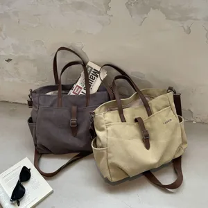 Vintage Dames Luxe Canvas Draagtas Grote Capaciteit Casual Mode Schoudertas Met PU-Leren Handvat Crossbody Okseltas