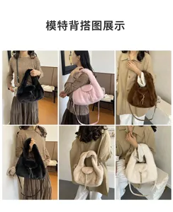 Six-panel lifestyle view of models carrying plush handbags in black, pink, brown and ivory