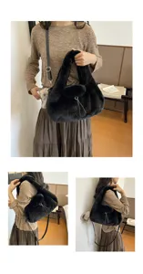 Multi-angle views of a black faux-fur bag worn on the shoulder, with a strap and metal clasp.
