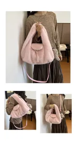 Three views show a pink fuzzy bag carried by hand and worn over the shoulder, with tassel detail.
