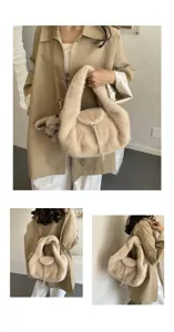 Three views show a beige plush bag with flap, metal clasp, leather tassel and bunny charm.