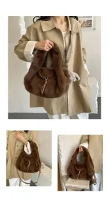 Detail views of a brown faux-fur bag with leather drawstring accent and detachable shoulder strap