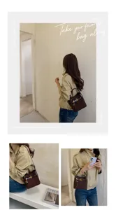 Lifestyle collage showing a brown bag with gold clasp and wooden bead tassel worn crossbody