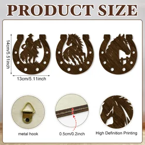 Size infographic with three wooden horseshoe designs, metal hook, 14 × 13 cm, 0.5 cm thick