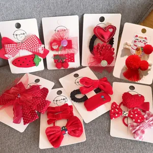 Red Series Children Hair Clips Set Bow Flower Heart PU Leather Hair Ties Cartoon Strawberry Cherry Hair Accessories For Girls