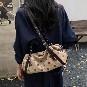 Retro Faux Suede Polka Dot Underarm Bag For Women Vintage PU Leather Shoulder Bag With Rivets Belt Large Capacity Handbag