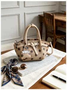Scena con borsa beige effetto camoscio a pois marroni, cinturino, fibbia e ciondolo argentati