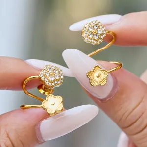 Orecchini a Clip a Spirale in Acciaio Inossidabile con Doppio Fiore e Strass per Donna Gioielli Eleganti per Orecchie Senza Buco