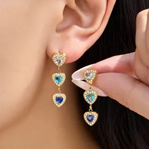 Luxury Stainless Steel Zirconia Heart Dangle Earrings For Women Gold Plated Triple Layer Tassel Drop Earrings INS Style Fashion Jewelry