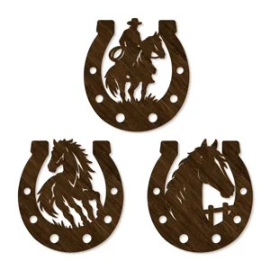 Three-piece dark brown wooden horseshoe wall decor set with cowboy and horse cutout designs