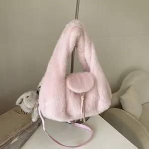 Women Fashion Fuzzy Plush Tote Bag Autumn Winter New All-Match Shoulder Crossbody Bag Faux Fur Handbag With Adjustable Strap