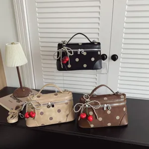 Borsa a Mano Vintage a Pois da Donna Stile Coreano in PU Scamosciato Borsa a Tracolla Con Ciondolo a Ciliegia Piccola Borsa alla Moda