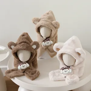 Ensemble Bonnet Écharpe à Capuche en Peluche Intégré pour Enfants Hiver Épaissi Chaud Coupe-vent Protection des Oreilles Ours pour Enfants