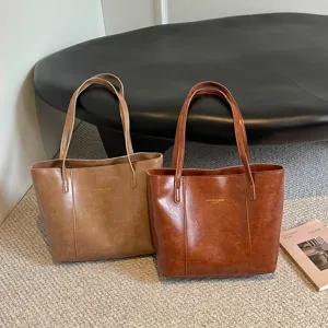 Grand Sac Fourre-tout en Cuir PU pour Femmes Urbain Simple Sac à Bandoulière Navetteur Sac sous les Bras Couleur Unie Mode
