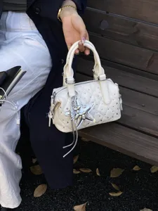 Borsa Boston Trapuntata con Strass da Donna Borsa a Mano in Pelle PU alla Moda con Ciondolo a Stella Borsa a Tracolla per Uso Quotidiano
