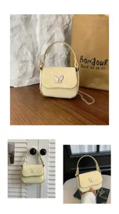 Three views show a pale yellow bag with white dots, a butterfly applique, and a chain strap