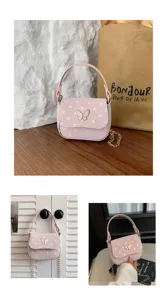 Views of a pink flap bag with white polka dots, butterfly clasp and gold chain strap