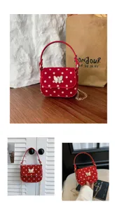 Red mini bag with white polka dots and butterfly clasp, displayed in several lifestyle settings