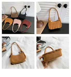 Close-up views of a suede-textured fringed bag, showing its colors, short strap, and flat base