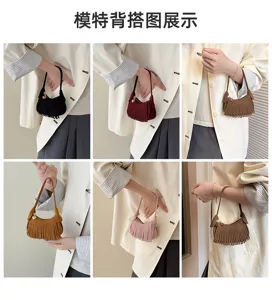 Six-panel styling collage showing small fringed half-moon bags in assorted colors carried by hand