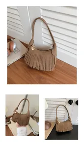 Three lifestyle views show a brown fringed bag with a heart charm on tables and held by hand