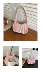 Product views show pink suede-like fringe, a gold heart charm, zip closure, and shoulder strap.