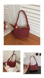 Three views show a burgundy suede-textured bag with fringe, curved handle and gold heart charm.