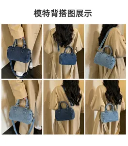Vue en six images d’un sac en denim bleu porté à la main, à l’épaule et en bandoulière