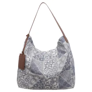 Borsa tote a spalla blu grigia con stampa patchwork, manico in similpelle marrone e pendente