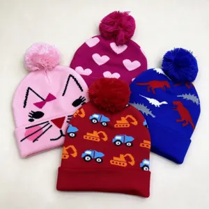 Kids Winter Knit Beanie Hat Cartoon Jacquard Pattern Faux Fur Pom Pom Cuffed Warm Beanie Cap For Boys Girls Toddler Polyester