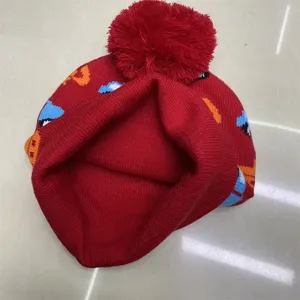 Close-up of the red knit hat’s inner lining, ribbed edge, pom-pom and colorful cartoon motifs