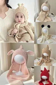 Collage of babies and display mannequins wearing knit hoods with attached scarves in soft colors