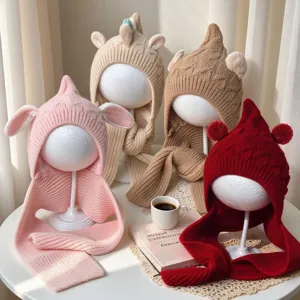 Cute Kids Knit Hat Scarf Set Winter Warm Pointed Beanie With Animal Ears Pompom Outdoor Thermal Crochet Cap For Boys Girls