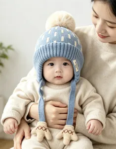 Baby wearing a blue knit hat with cream patterns and pom-pom, held by a mother at home