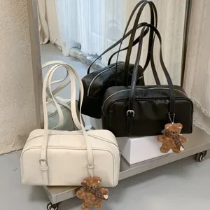 Women's Vintage PU Leather Underarm Pillow Bag With Bear Pendant Minimalist Shoulder Bag Solid Color Urban Boston Satchel For Daily