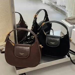 Women Retro Light Luxury Moon Bag Patchwork PU Leather Shoulder Crossbody Bag With Wood Bead Pendant Simple Handbag