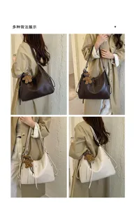 Four-view display of brown and cream shoulder bags worn in different ways, with teddy bear charms