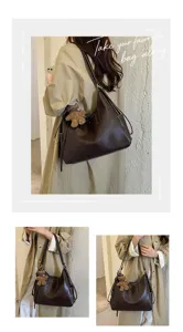 Lifestyle collage showing a model carrying a dark brown shoulder bag with a small teddy bear charm