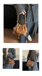 Three-view display of a brown bucket bag with diamond stitching, braided handle and teddy charm