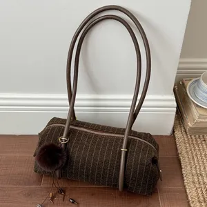 Women Retro Striped PU Leather Underarm Bag High Capacity Tote Shoulder Bag With Plush Charm Commuter Fashion Pillow Bag