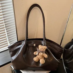 Large Capacity Pleated Tote Bag For Women Retro PU Leather Underarm Shoulder Bag With Teddy Bear Pendant Casual Commute Handbag