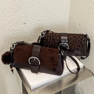 Women Retro PU Leather Underarm Bag Minimalist Splicing Shoulder Bag With Fur Ball Pendant Metal Ring Buckle Commuter Bag