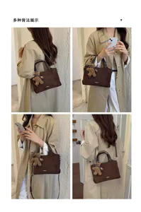 Four-panel view of a brown suede-look bag with teddy charm, carried by hand, shoulder and crossbody