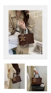 Three-panel view of a brown suede-textured bag worn, hand-carried, and displayed with a teddy charm
