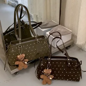 Niche Polka Dot Rivet Underarm Bag For Women Retro PU Leather Shoulder Bag With Silver Metal Studs And Bow Decoration Fashion Handbag