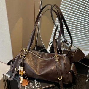 Retro High-End Boston Bag For Women Large Capacity Fashion PU Leather Underarm Shoulder Bag With Wood Bead Charm Daily Versatile Handbag