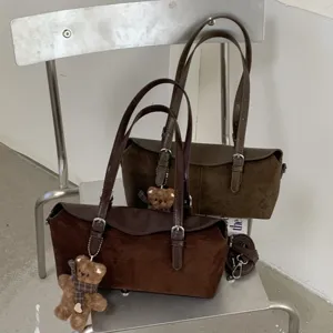 Vintage Suede Large Capacity Pillow Bag For Women 2026 Autumn Korean Style Casual Underarm Shoulder Crossbody Bag With Bear Pendant