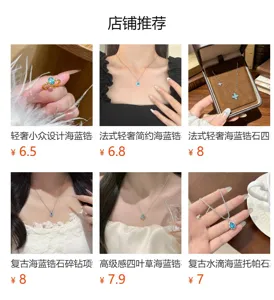 Collage of blue gemstone jewelry, with necklaces and rings shown on models, a hand, and in a box